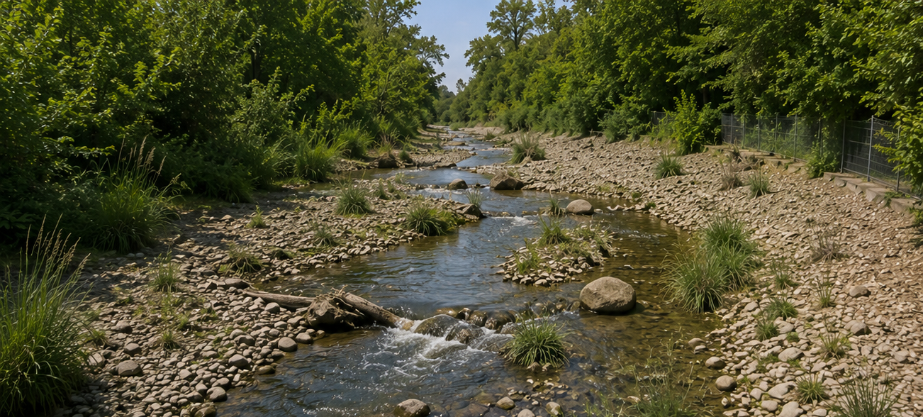 Visualisierung einer naturnah gestalteten Erft mit Steinen, Totholz und ruhigen Wasserbereichen